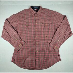 Tommy Hilfiger Mens XL Red Plaid Button Down Shirt Long Sleeve Crest Logo Cotton